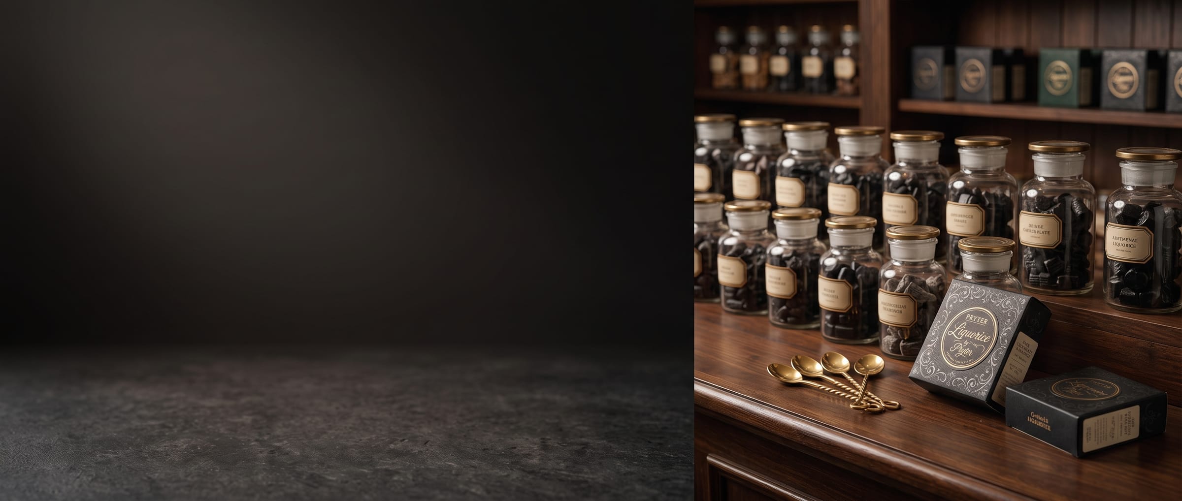 A dark timber counter with brass details and jars of liquorice
