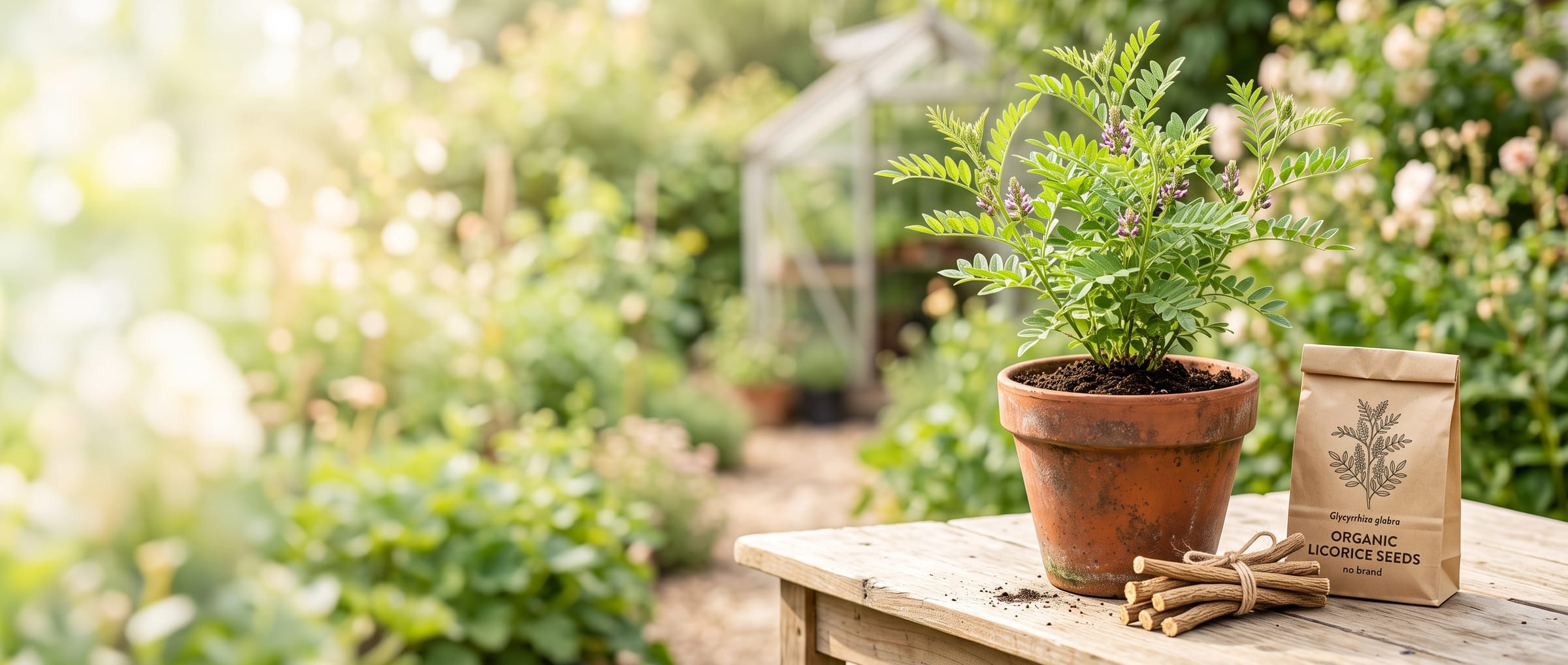 A living licorice plant in a terracotta pot beside dried roots on a garden table