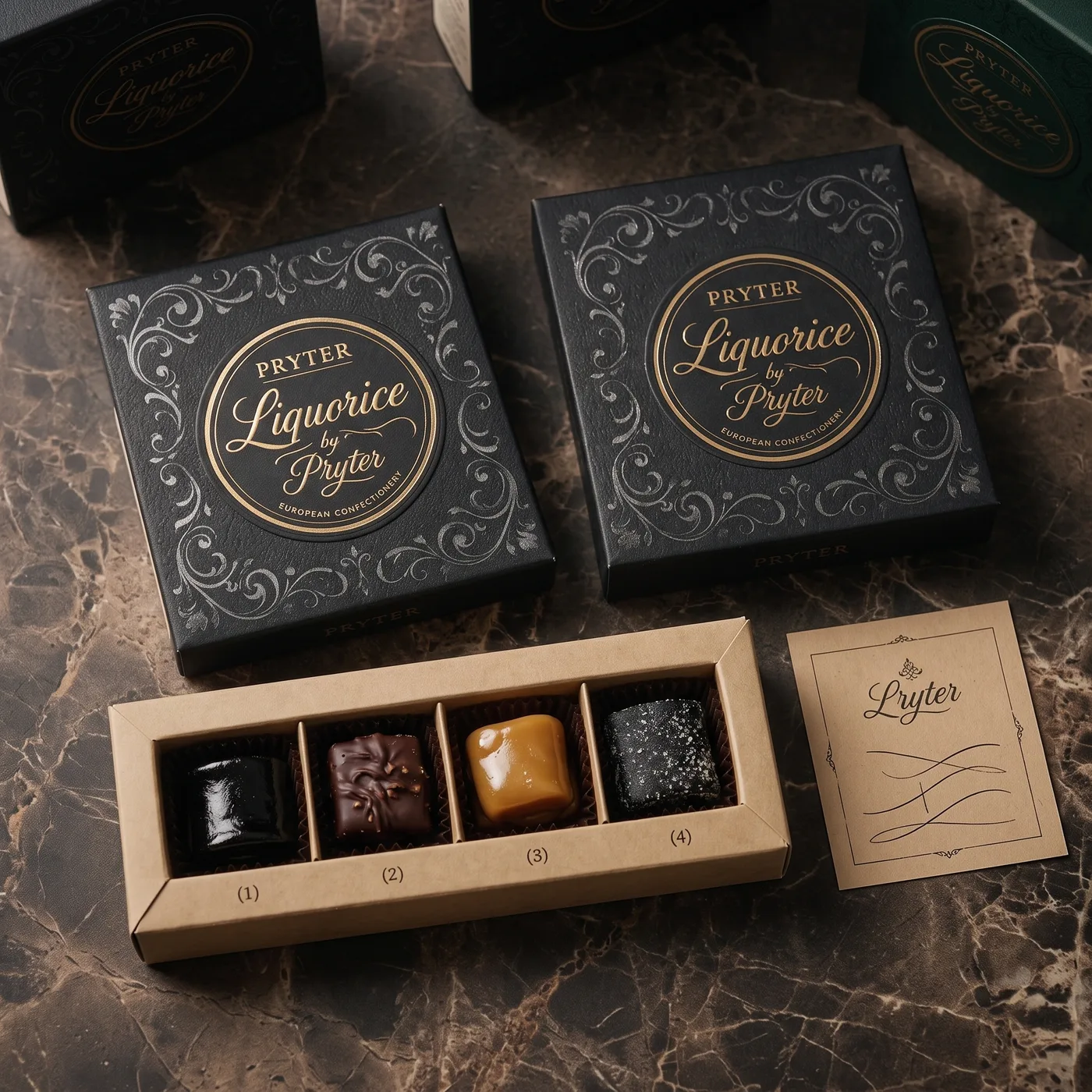 The Discovery Box open, showing four compartments of liquorice in tasting order