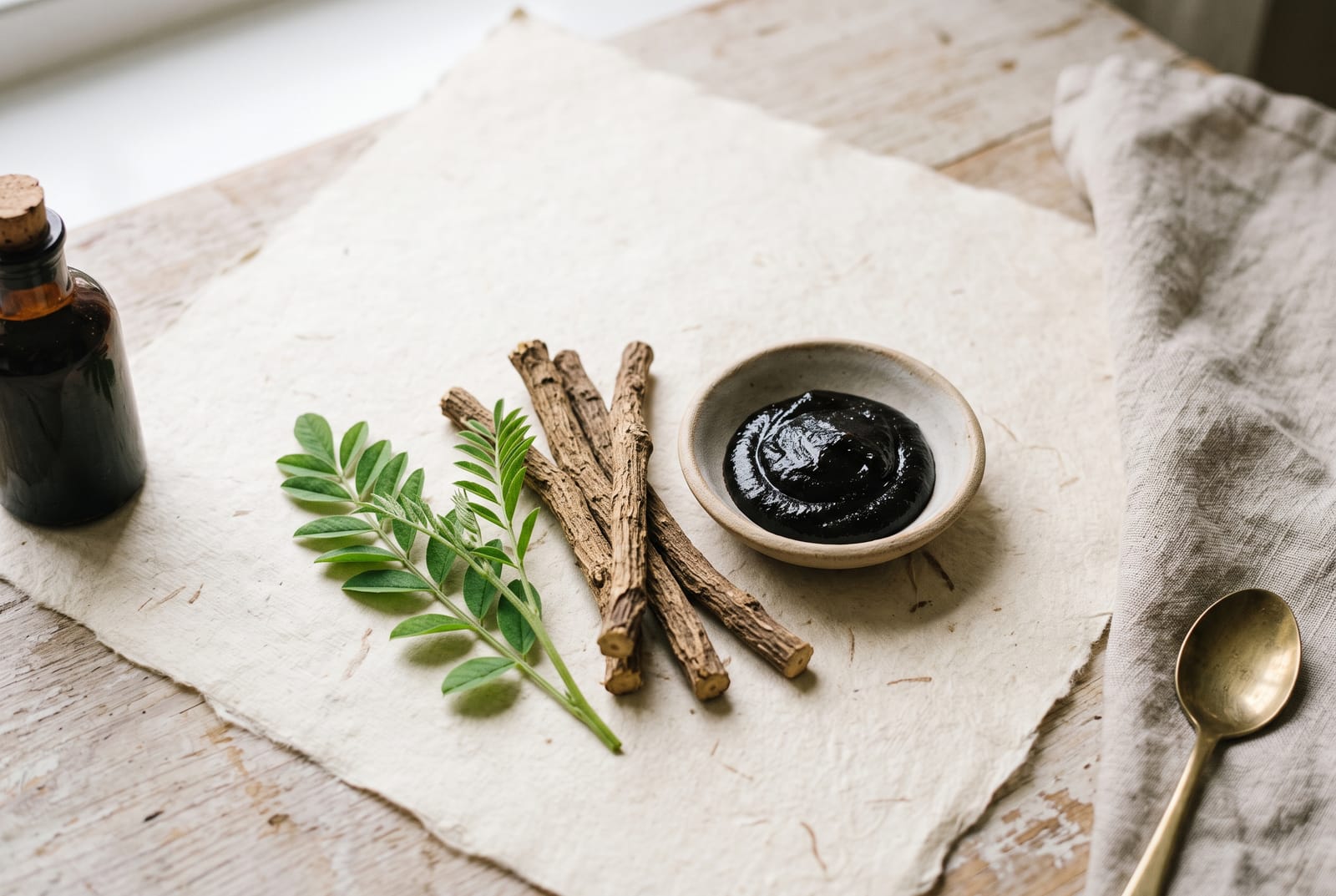 Dried liquorice roots laid across a dark stone surface