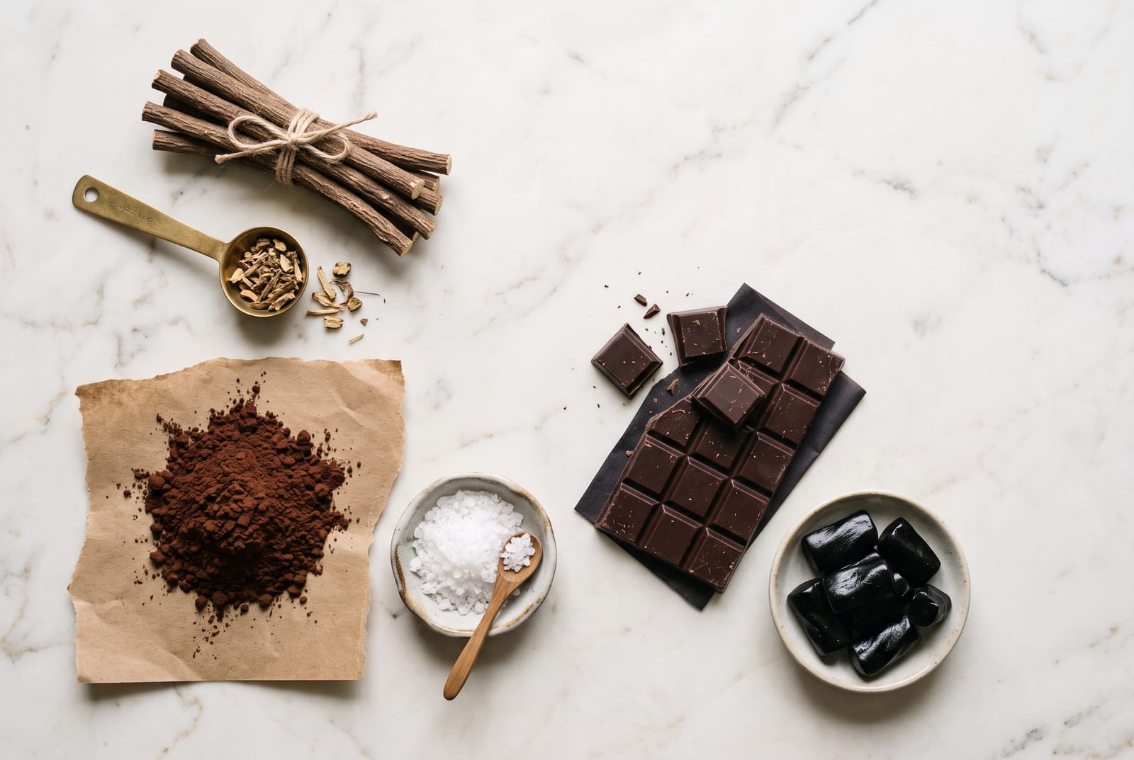 Liquorice root, cocoa powder, sea salt and dark chocolate arranged on a dark table