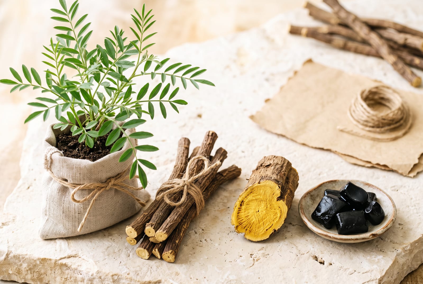 A living Glycyrrhiza plant beside harvested licorice roots, one cut showing its interior