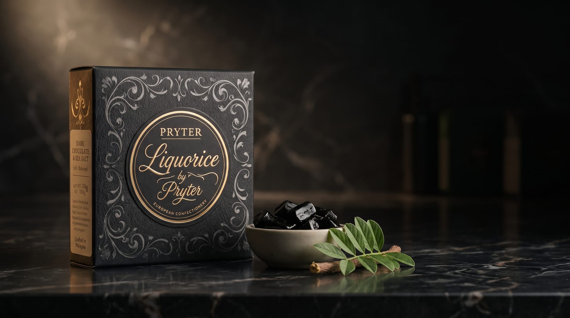 A black gift box beside a bowl of soft black liquorice on a dark oak table